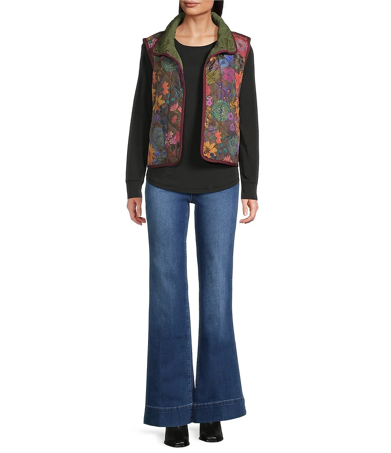 Tru Luxe Jeans Quilted Floral Convertible Collar Sleeveless Snap Front Vest