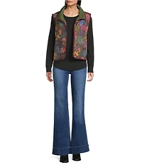 Tru Luxe Jeans Quilted Floral Convertible Collar Sleeveless Snap Front Vest