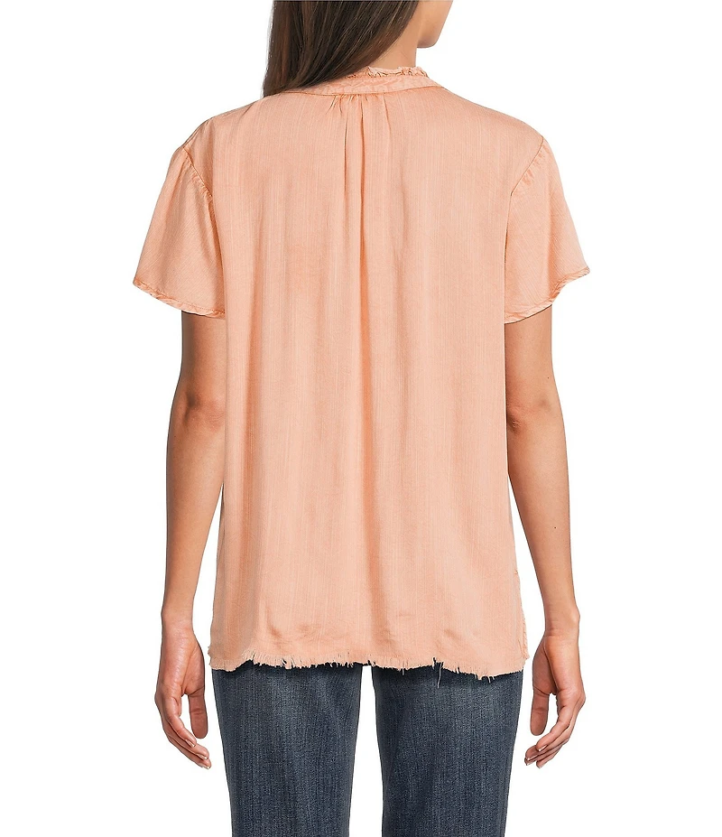 Tru Luxe Jeans Tonal Floral Split Neck Flounce Cap Sleeve Top