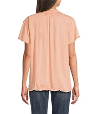 Tru Luxe Jeans Tonal Floral Split Neck Flounce Cap Sleeve Top