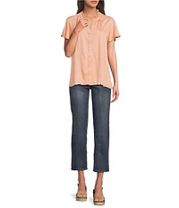 Tru Luxe Jeans Tonal Floral Split Neck Flounce Cap Sleeve Top