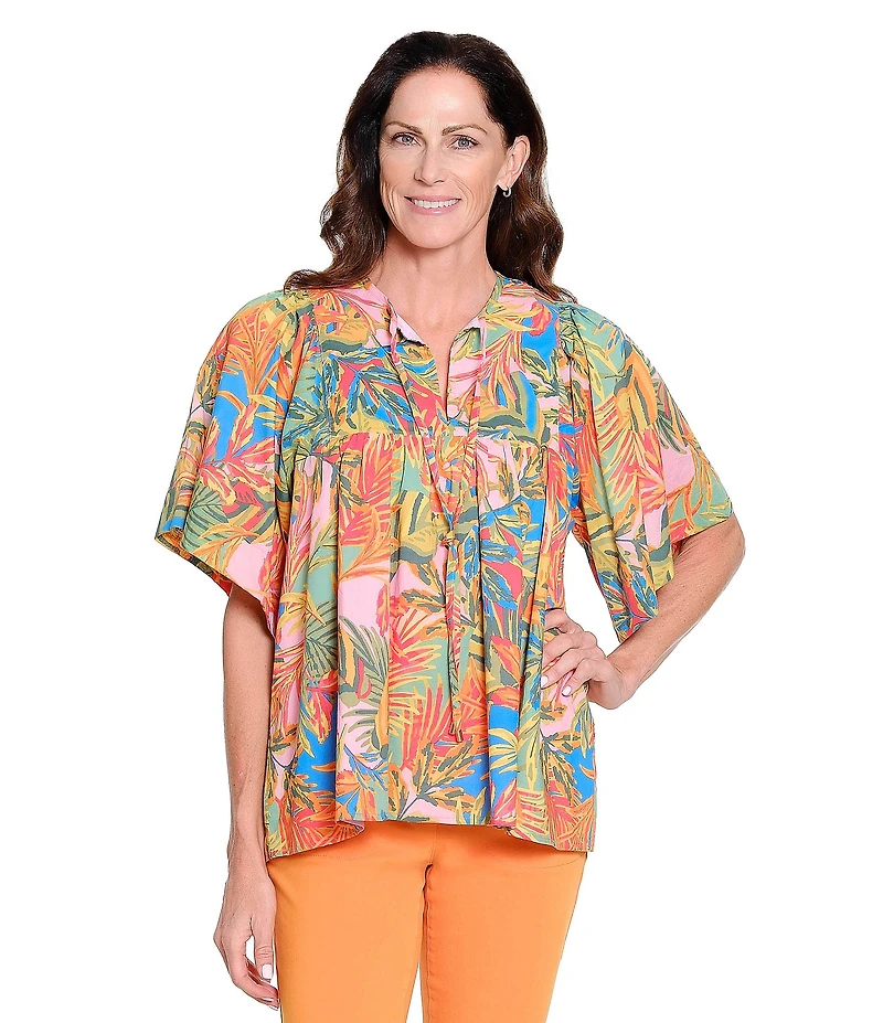 Tru Luxe Jeans Tropical Print Cotton Split Neck Elbow Sleeve Top
