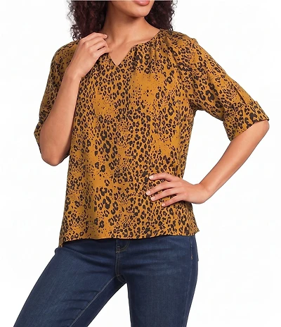 Tru Luxe Jeans Twill Animal Print Split Neck Short Sleeve Top