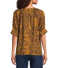 Tru Luxe Jeans Twill Animal Print Split Neck Short Sleeve Top