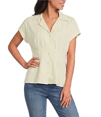 Tru Luxe Jeans Two Tone Linen Blend Notch Collar Cap Sleeve Button-Front Camp Shirt
