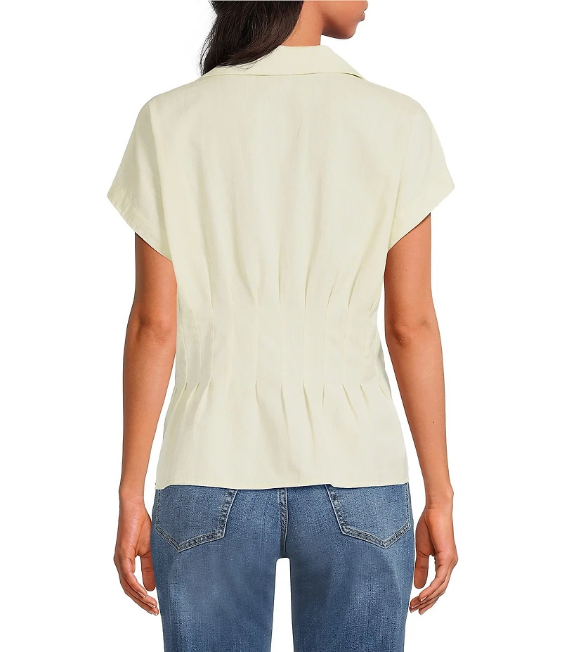 Tru Luxe Jeans Two Tone Linen Blend Notch Collar Cap Sleeve Button-Front Camp Shirt