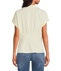 Tru Luxe Jeans Two Tone Linen Blend Notch Collar Cap Sleeve Button-Front Camp Shirt