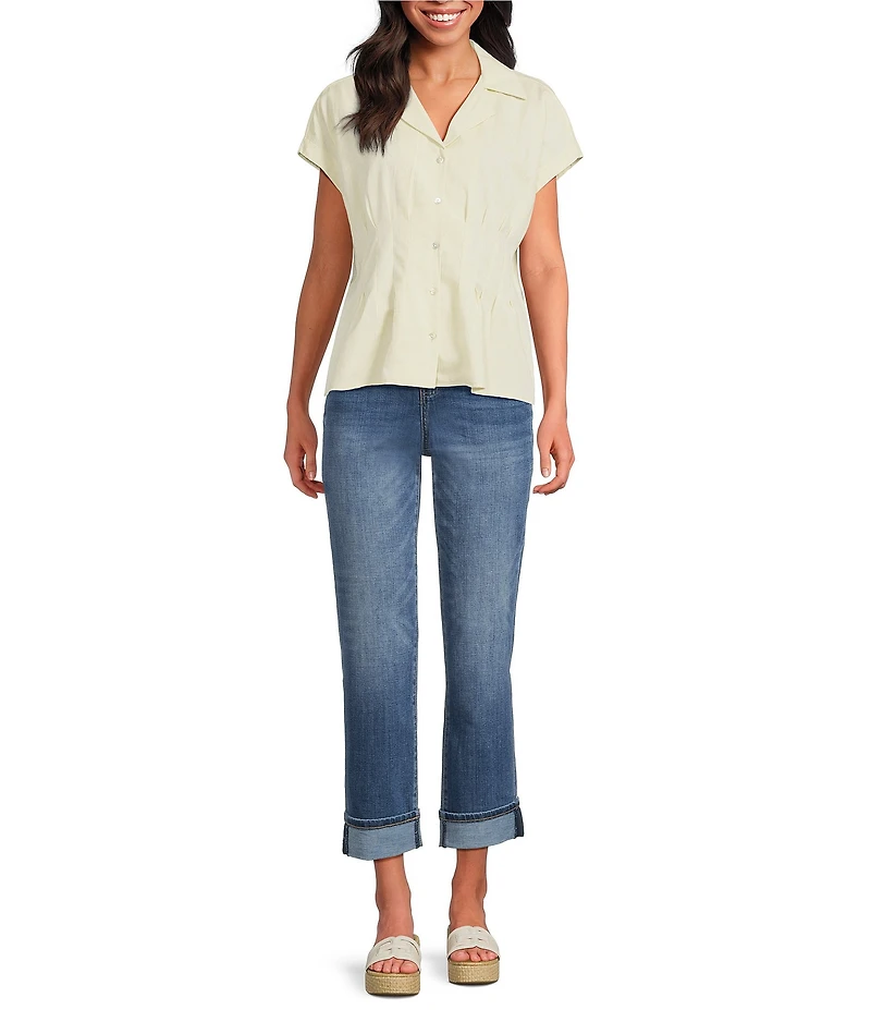 Tru Luxe Jeans Two Tone Linen Blend Notch Collar Cap Sleeve Button-Front Camp Shirt
