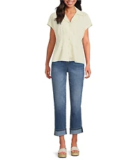 Tru Luxe Jeans Two Tone Linen Blend Notch Collar Cap Sleeve Button-Front Camp Shirt