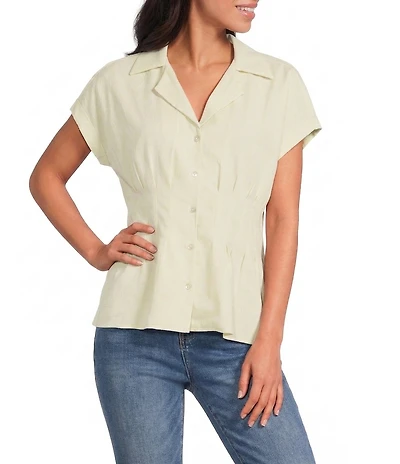 Tru Luxe Jeans Two Tone Linen Blend Notch Collar Cap Sleeve Button-Front Camp Shirt