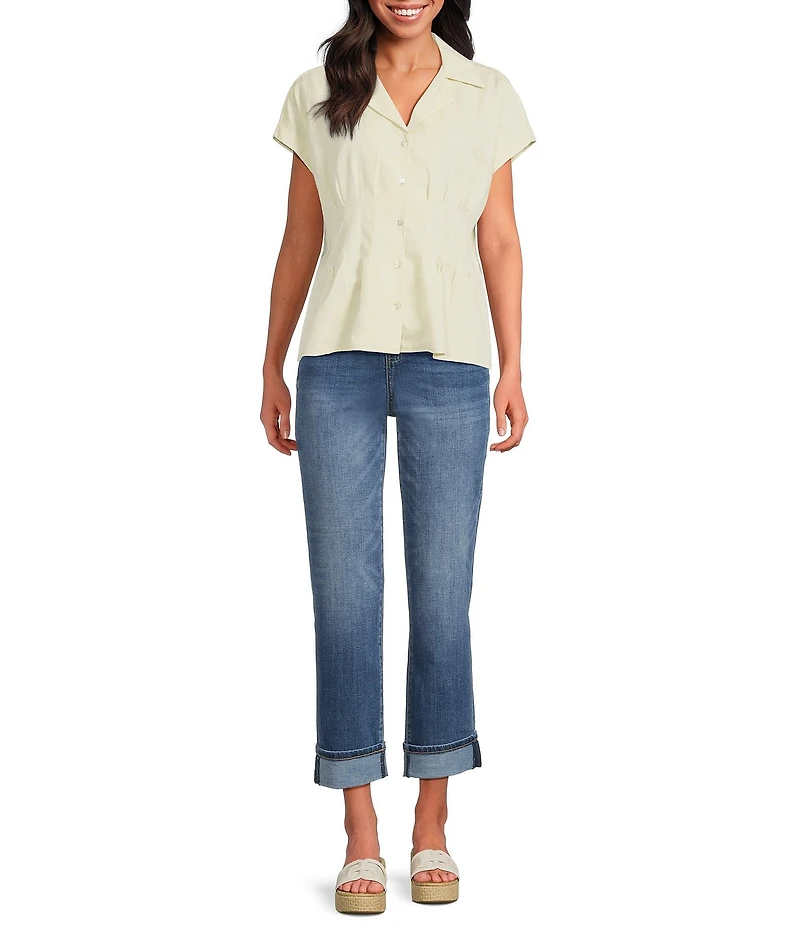 Tru Luxe Jeans Two Tone Linen Blend Notch Collar Cap Sleeve Button-Front Camp Shirt
