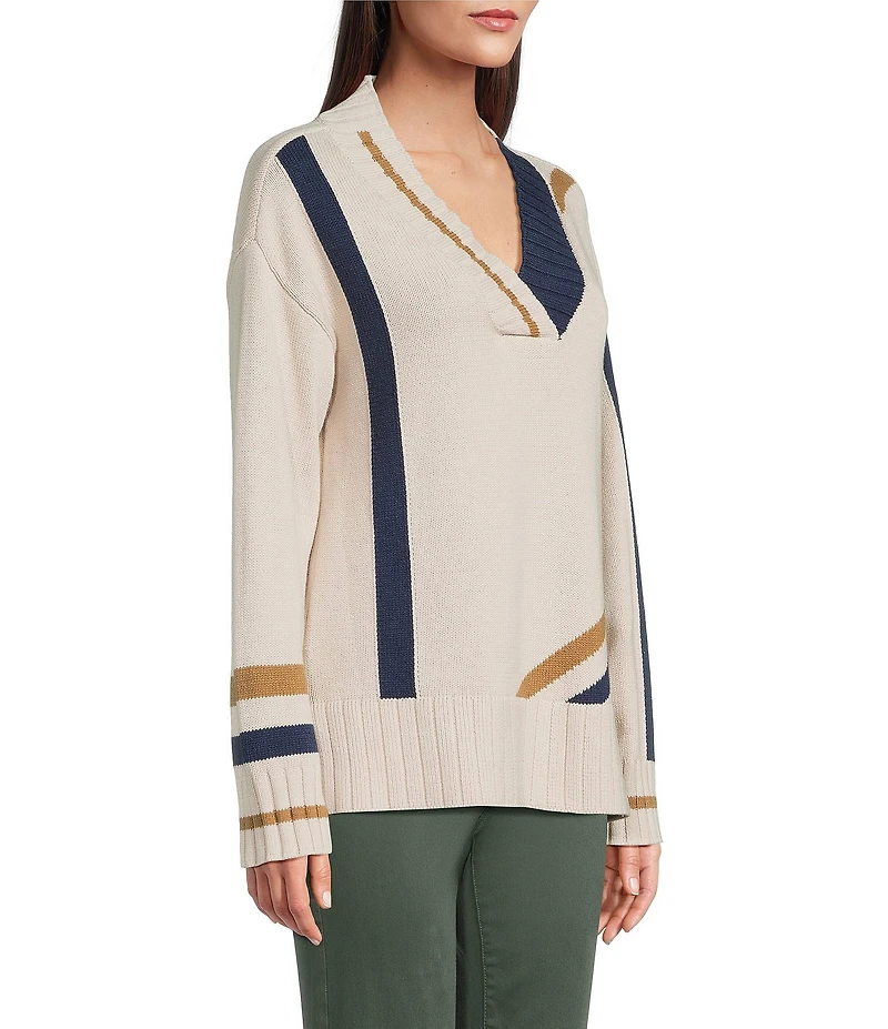 Tru Luxe Jeans Varsity V-Neck Long Sleeve Jersey Stitch Sweater