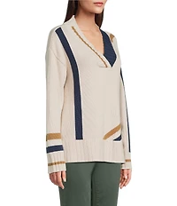 Tru Luxe Jeans Varsity V-Neck Long Sleeve Jersey Stitch Sweater
