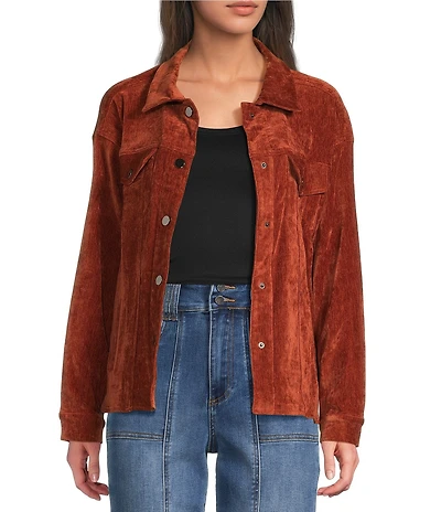 Tru Luxe Jeans Velveteen Point Collar Long Sleeve Button Front Jacket