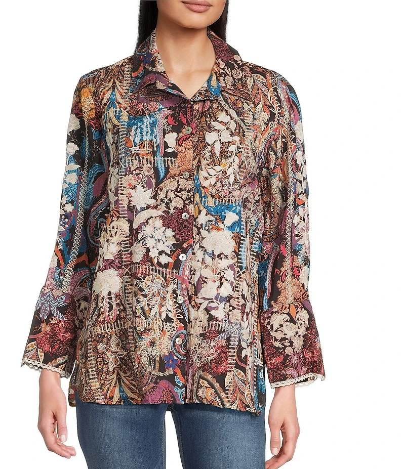 Tru Luxe Jeans Woven All Over Embroider On Floral Print Point Collar Long Sleeve Button Front Shirt