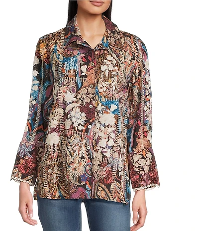 Tru Luxe Jeans Woven All Over Embroider On Floral Print Point Collar Long Sleeve Button Front Shirt