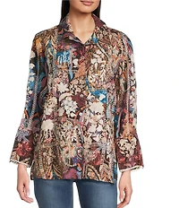 Tru Luxe Jeans Woven All Over Embroider On Floral Print Point Collar Long Sleeve Button Front Shirt