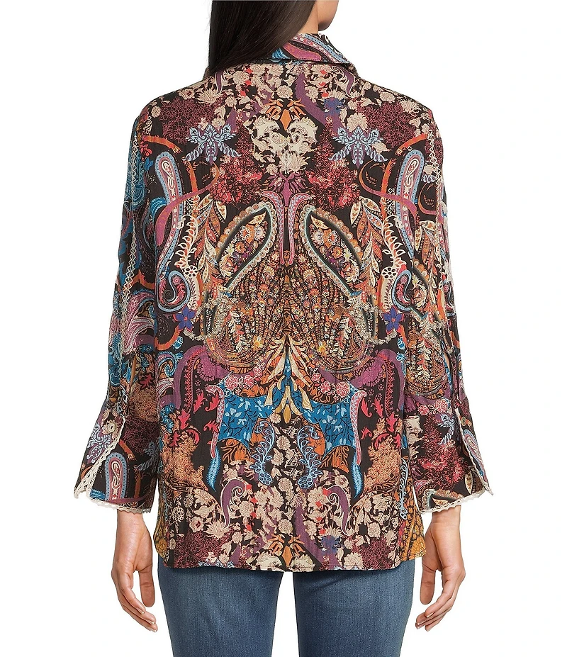 Tru Luxe Jeans Woven All Over Embroider On Floral Print Point Collar Long Sleeve Button Front Shirt