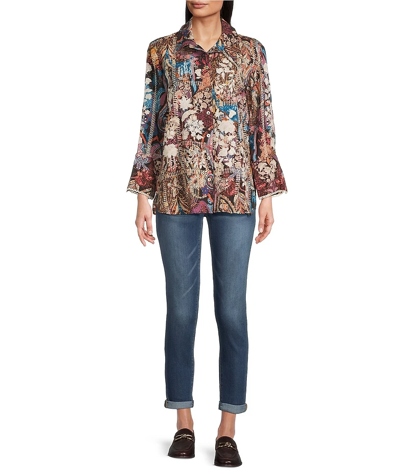 Tru Luxe Jeans Woven All Over Embroider On Floral Print Point Collar Long Sleeve Button Front Shirt