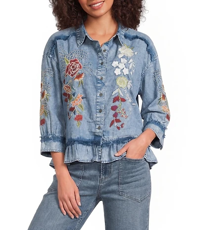 Tru Luxe Jeans Woven Chambray Point Collar 3/4 Sleeve With Embroidery Top