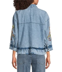 Tru Luxe Jeans Woven Chambray Point Collar 3/4 Sleeve With Embroidery Top