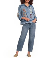 Tru Luxe Jeans Woven Chambray Point Collar 3/4 Sleeve With Embroidery Top