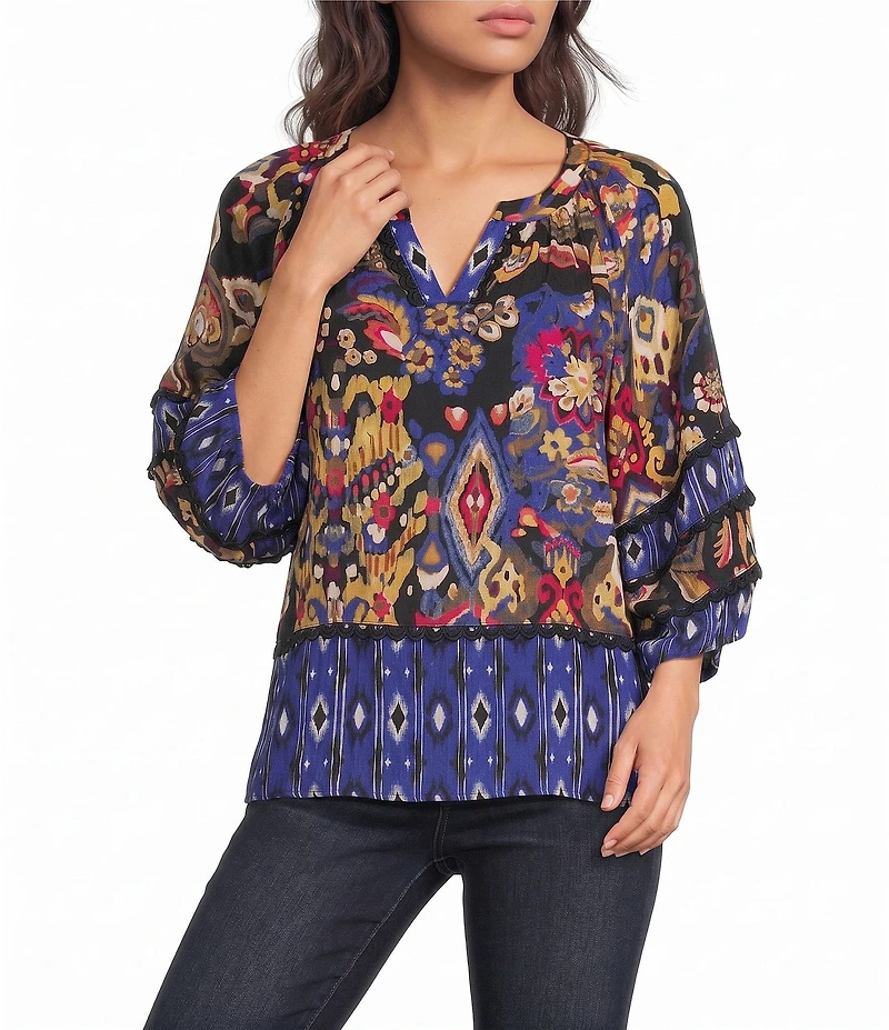 Tru Luxe Jeans Woven Crinkle Batik Ikat Print Split Neck 3/4 Sleeve Blouse