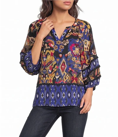 Tru Luxe Jeans Woven Crinkle Batik Ikat Print Split Neck 3/4 Sleeve Blouse