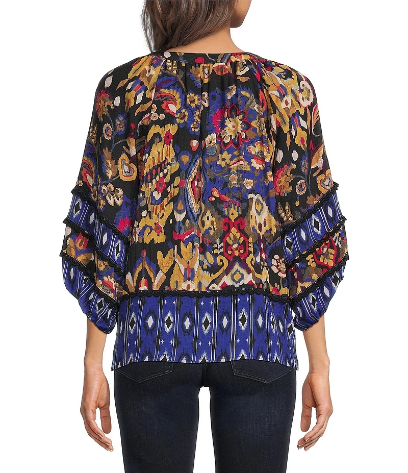 Tru Luxe Jeans Woven Crinkle Batik Ikat Print Split Neck 3/4 Sleeve Blouse