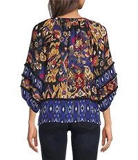 Tru Luxe Jeans Woven Crinkle Batik Ikat Print Split Neck 3/4 Sleeve Blouse