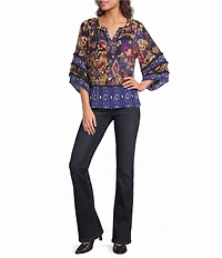 Tru Luxe Jeans Woven Crinkle Batik Ikat Print Split Neck 3/4 Sleeve Blouse
