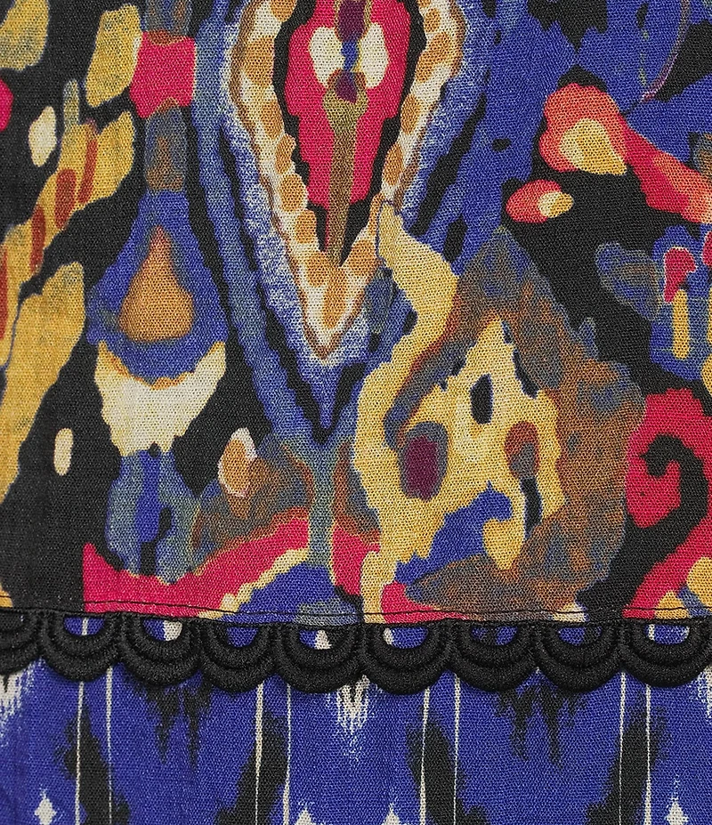 Tru Luxe Jeans Woven Crinkle Batik Ikat Print Split Neck 3/4 Sleeve Blouse