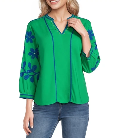 Tru Luxe Jeans Woven Floral Cord Embroidered Split V-Neck 3/4 Cuffed Sleeve Top