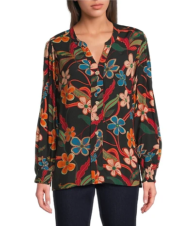 Tru Luxe Jeans Woven Floral Print Split V-Neck Long Sleeve Smocked Cuff Popover