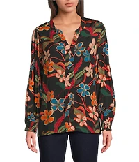 Tru Luxe Jeans Woven Floral Print Split V-Neck Long Sleeve Smocked Cuff Popover