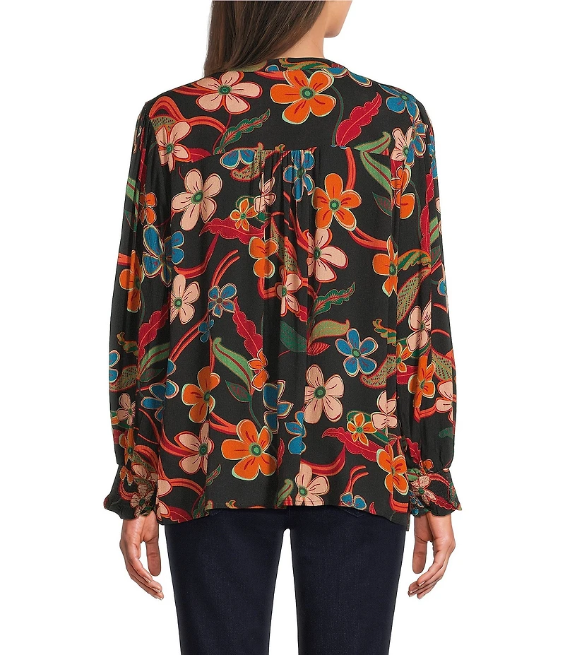 Tru Luxe Jeans Woven Floral Print Split V-Neck Long Sleeve Smocked Cuff Popover