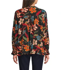 Tru Luxe Jeans Woven Floral Print Split V-Neck Long Sleeve Smocked Cuff Popover