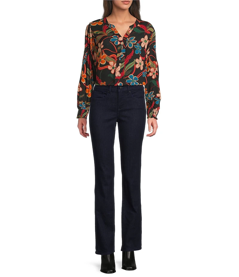 Tru Luxe Jeans Woven Floral Print Split V-Neck Long Sleeve Smocked Cuff Popover