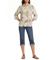 Tru Luxe Jeans Woven Lace Print Point Collar 3/4 Sleeve Button Front Shirt