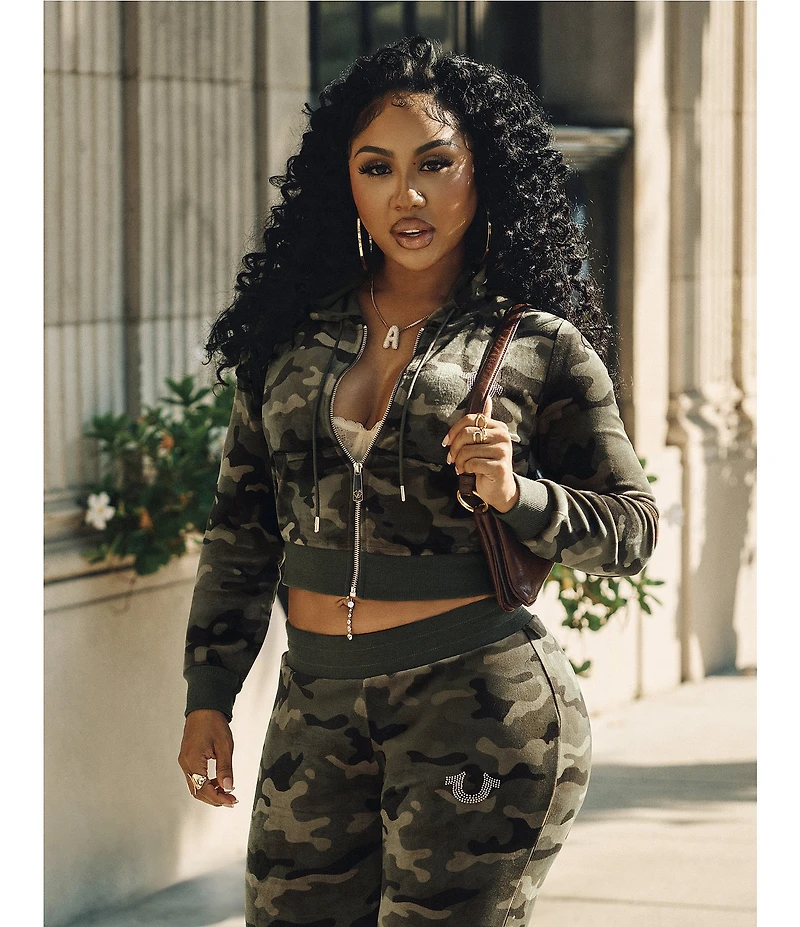 True Religion Camo Velour Crystal Logo Long Sleeve Coordinating Hoodie