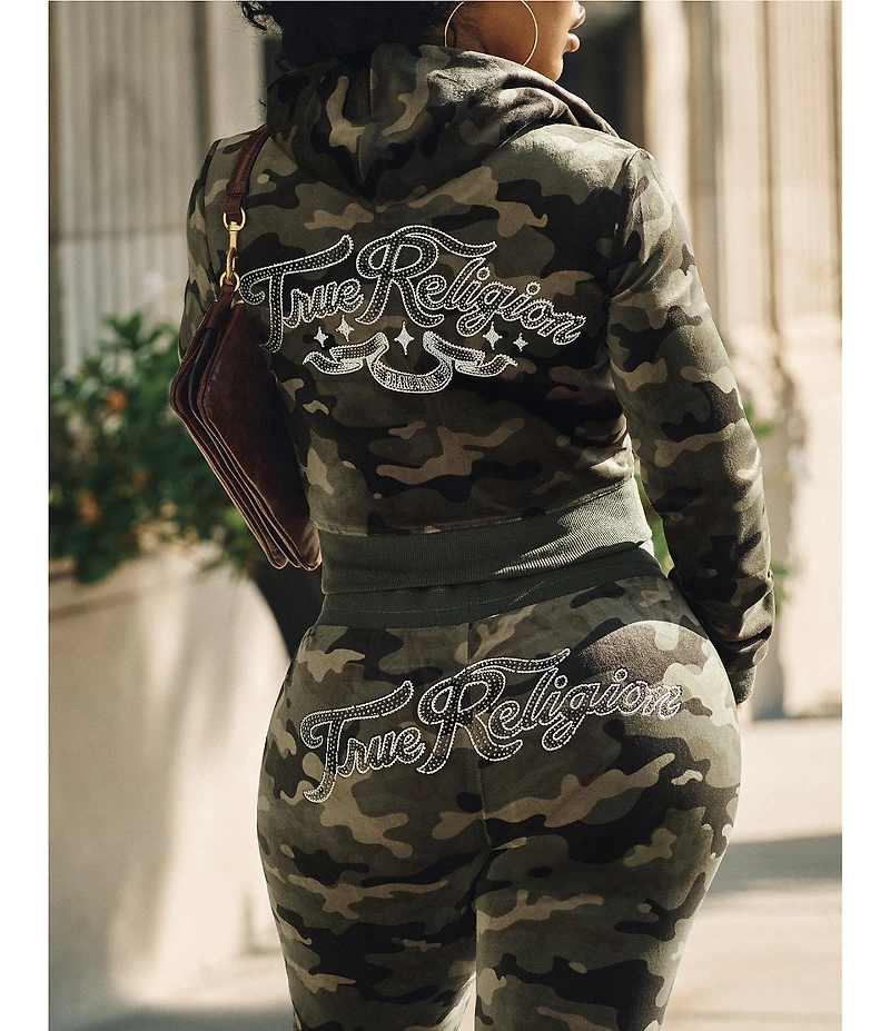True Religion Camo Velour Crystal Logo Long Sleeve Coordinating Hoodie