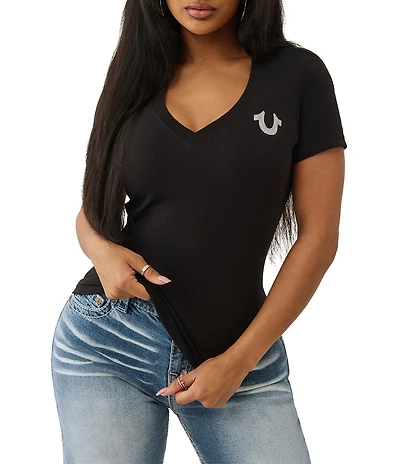 True Religion Crystal Buddha Graphic V-Neck Short Sleeve Tee