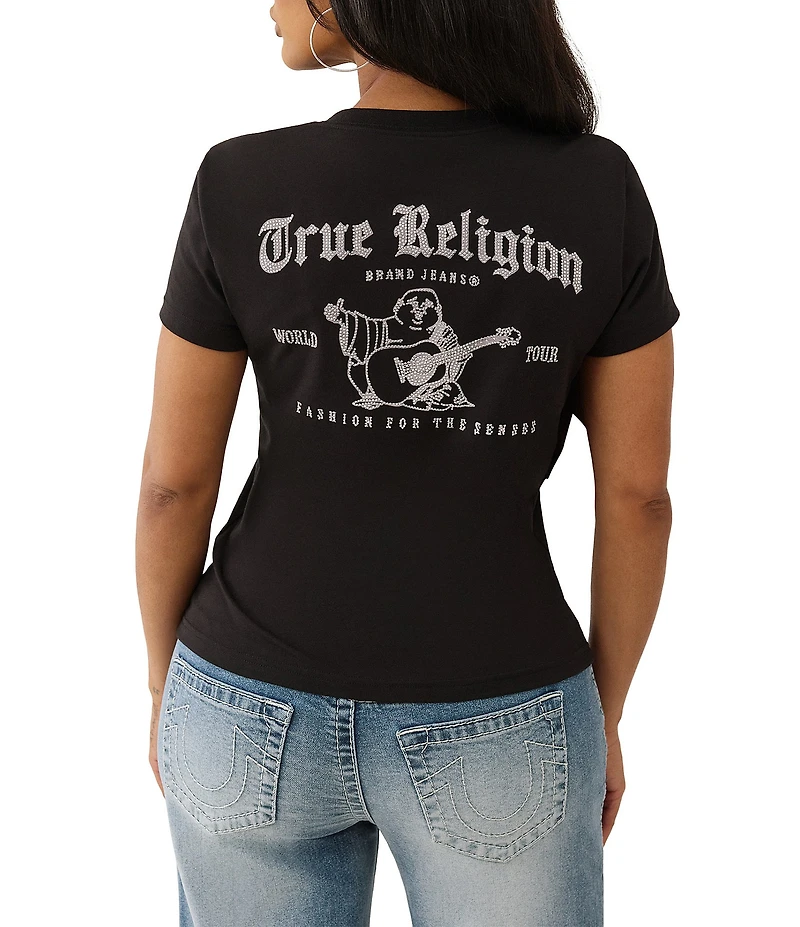 True Religion Crystal Buddha Graphic V-Neck Short Sleeve Tee