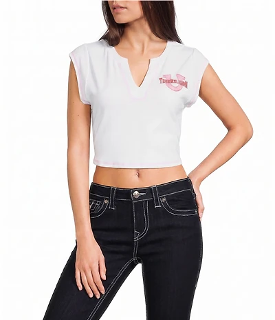 True Religion Crystal Cheetah Ribbed Notch V-Neck Cap Sleeve Tee
