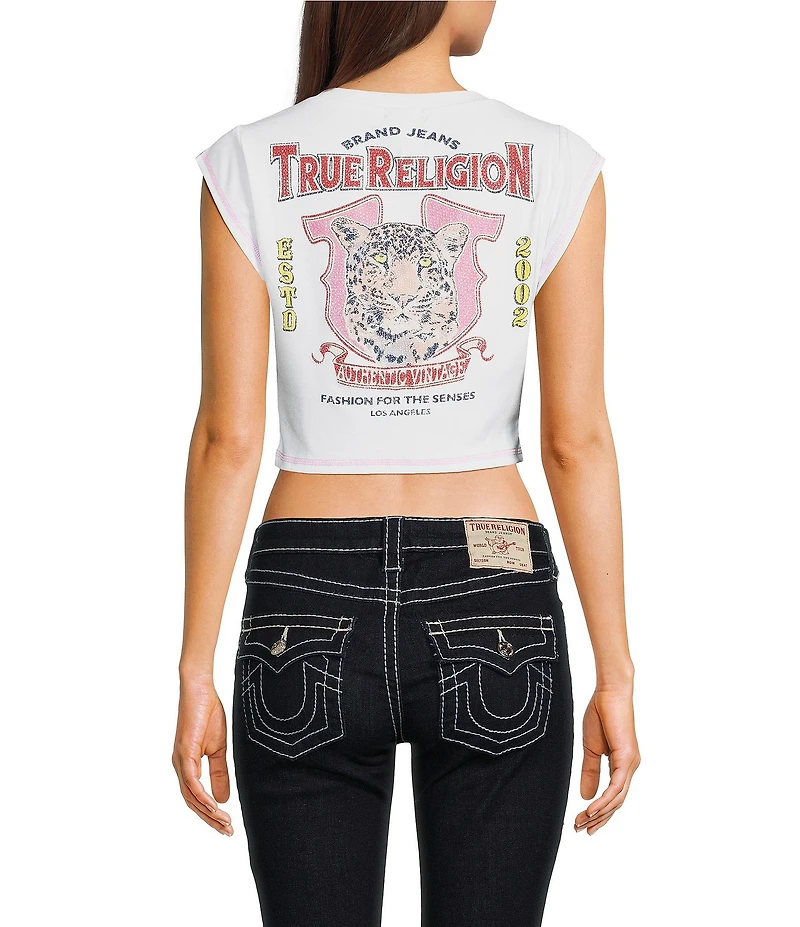True Religion Crystal Cheetah Ribbed Notch V-Neck Cap Sleeve Tee
