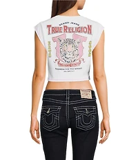 True Religion Crystal Cheetah Ribbed Notch V-Neck Cap Sleeve Tee