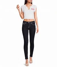 True Religion Crystal Cheetah Ribbed Notch V-Neck Cap Sleeve Tee