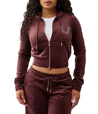 True Religion Crystal Horseshoe Coordinating Long Sleeve Zip Velour Hoodie