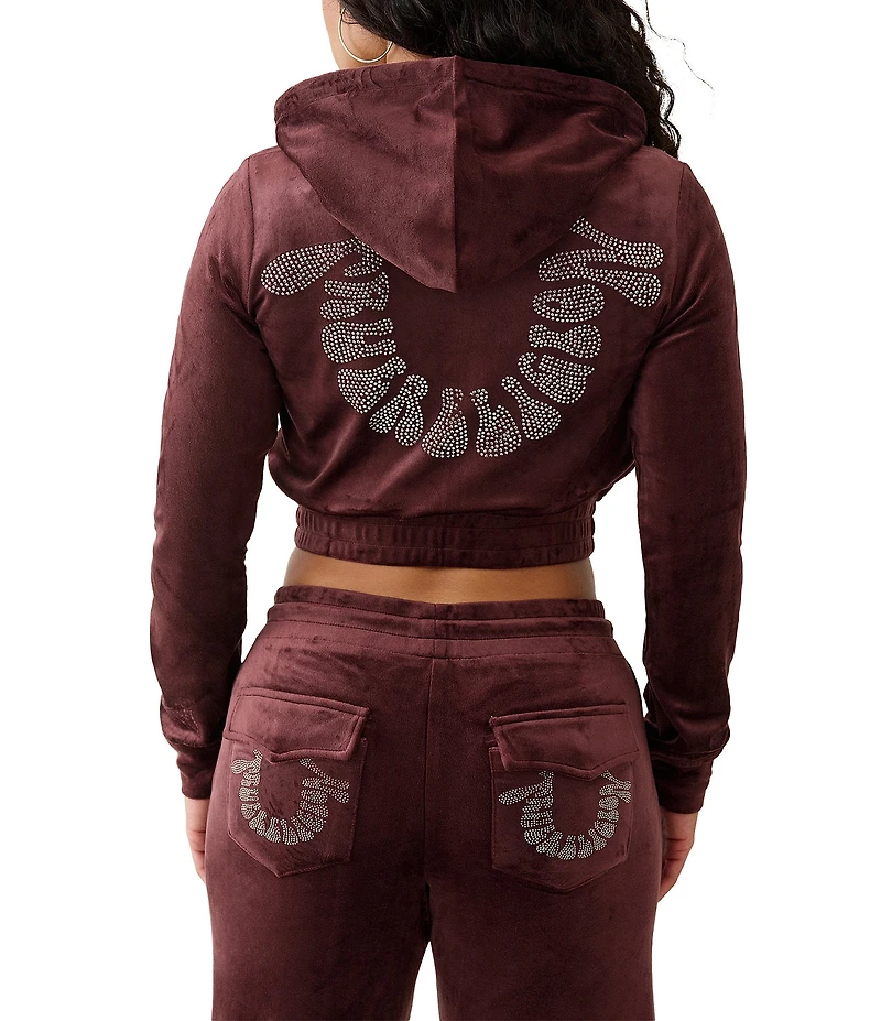 True Religion Crystal Horseshoe Coordinating Long Sleeve Zip Velour Hoodie