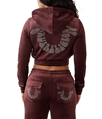 True Religion Crystal Horseshoe Coordinating Long Sleeve Zip Velour Hoodie